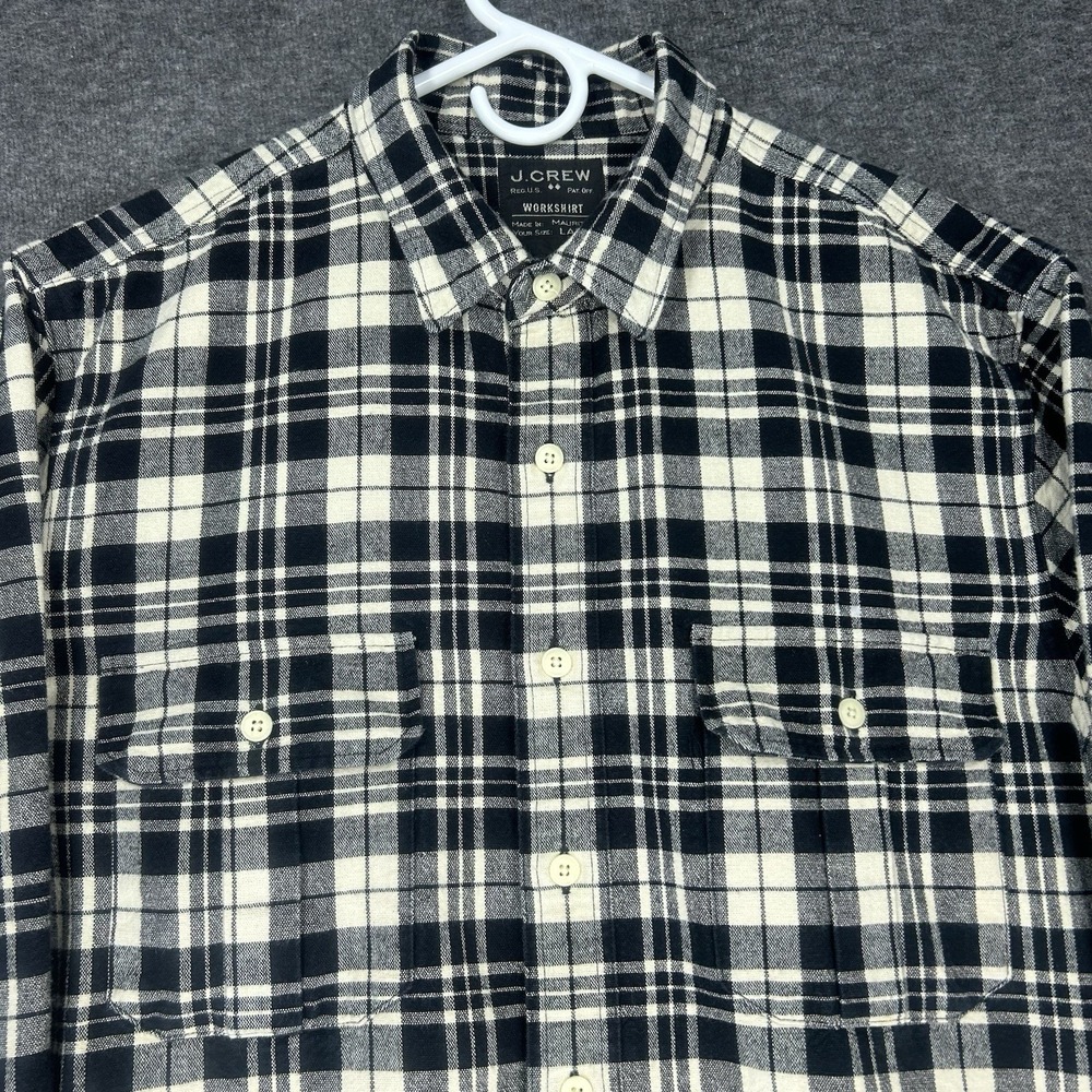 J. Crew Workshirt Mens Large Ivory black plaid Flannel Button Up Long Sleeve‎